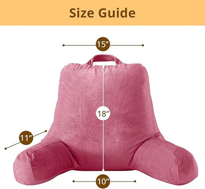 Sasttie Reading Pillow, Velvet Back Pillow for Bed Sitting Up, Adult Back-Rest Support Cushion with Arms for Sit Up on Couch, Sofa, and Floor, Dorm Essentials, Reading Accessories, Rose Pink