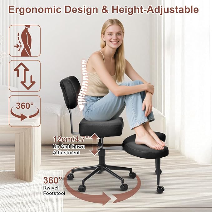 Meditation Chair, Cross Legged ADHD Office Chair for Adults with Wheels Ergonomic Back Support and Leg Rest for Multi Position Criss Cross Sitting Kneeling and Yoga Height Adjustable, Mesh Style