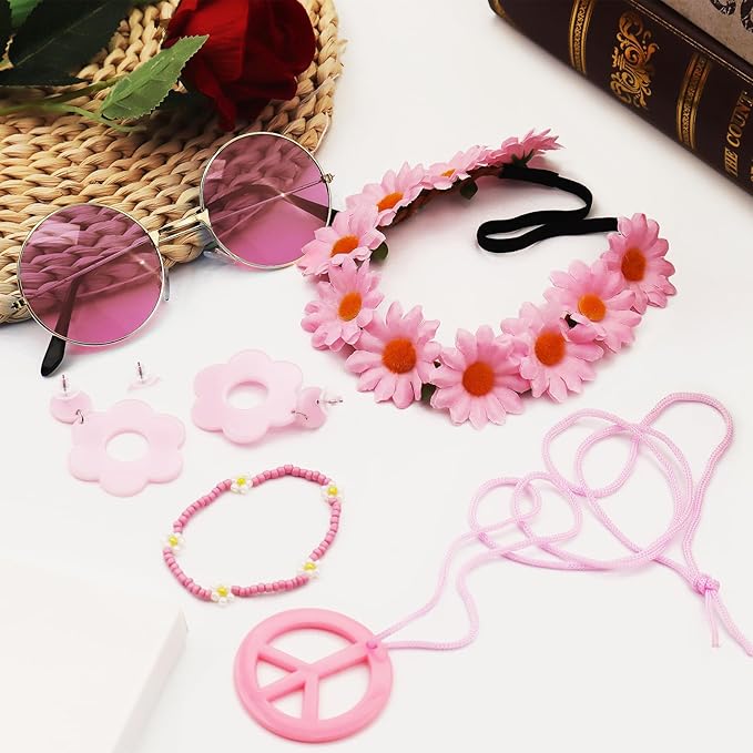 Hippie Costume Accessories Set Peace Sign Necklace Sunglasses Flower Headband Earrings for 60s 70s Outfit Party Women