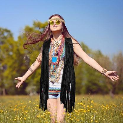 6 Pcs 60s 70s Outfits for Women Hippie Costume Set Peace Sign Earring Headband Fringe Vest Tassel Cardigan