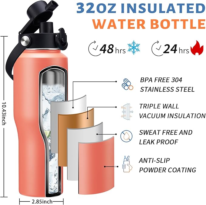 32 oz Stainless Steel Water Bottle - Keep Cold-48 Hrs, Hot-24 Hrs, Leak Proof Vacuum Insulated Water Bottle with Straw, Spout Lid, Carrier Bag, Travel Coffee Tumbler Fits in Car Cup Holder