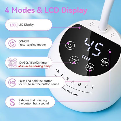Makartt UV LED Nail Lamp - Gooseneck UV Light for Gel Nails Cherie Cordless USB 39W Nail Dryer LED Gel Lamp with 4 Times & Auto Sensor Fast Flash Curing Light for Salon Use (White)