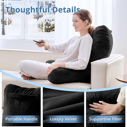 Sasttie 25-inch Reading Pillows for Sitting in Bed Adult, Jumbo Velvet Back Pillow Bed Sitting Up, XL High Back-Rest Support Cushion for Sit Up on Couch & Floor, Oeko-Tex Certified, Black