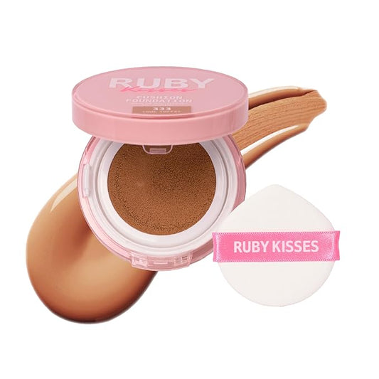 Ruby Kisses Cushion Foundation, Full Coverage Korean Makeup, Lightweight & Long Lasting, All Day Natural Glowy Finish for All Skin Types with Hyaluronic Acid & Bakuchiol (Cool Toffee, 0.52 Ounce)