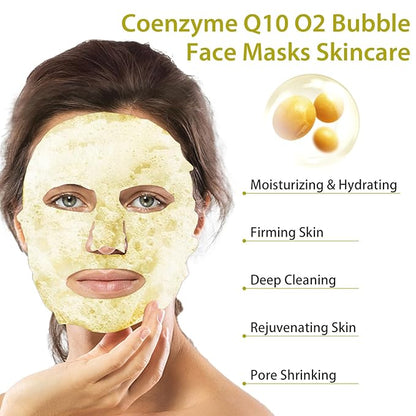 10 Sheets Coenzyme Q10 O2 Bubble Masks for Face, Bubble Face Mask Skincare for All Skin Types, Deep Cleansing Moisturizing Facial Mask Skin Care for Pores, Firming, Purifying, Sheet Masks for Spa