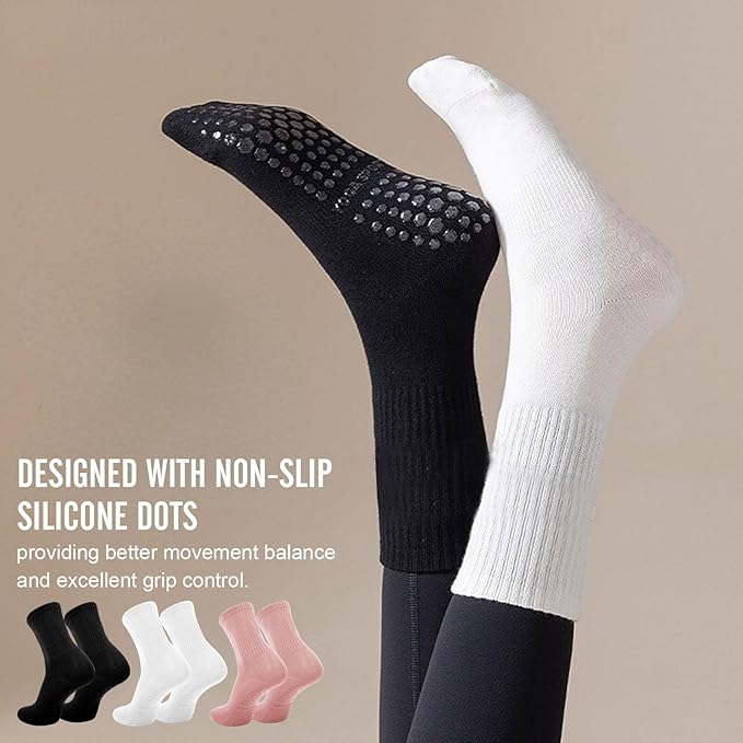 3 Pairs Non Slip Yoga Socks for Women Anti-skid Long Socks for Yoga, Barre, Ballet, Dance, Barefoot Workout Gym