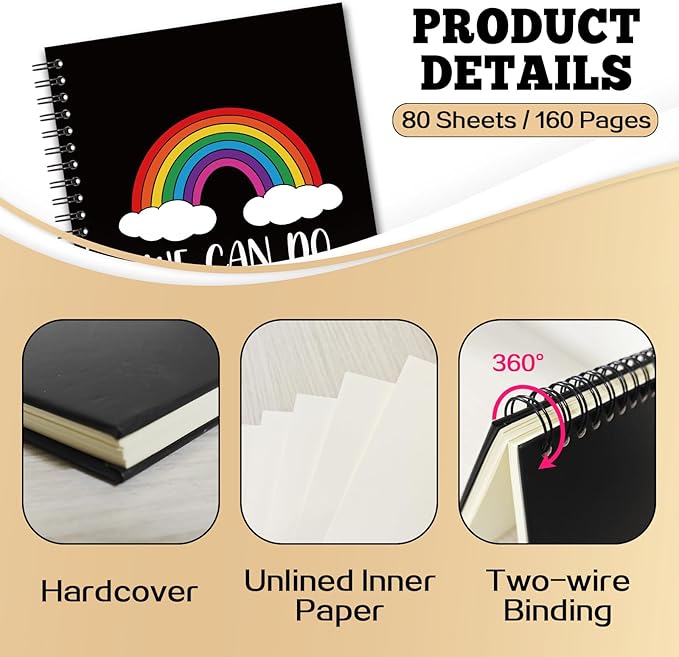 YAZMEEN Inspirational Blank Spiral Notebook（160 Pages） We Can Do Hard Things Hardcover Sketchbook Rainbow Notebook Gift Funny Encouragement Gift for Teacher Student Colleague Team Member Office Work