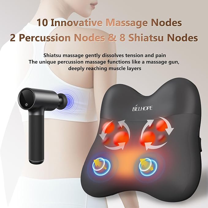 Shiatsu Back Massager with Heat,Percussion Massage Cordless Back Massage for Pain Relief Deep Tissue.4D Kneading Massage,Gift for Men Women Parents Relaxation at Christmas Office Car,Black