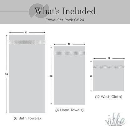 100% Cotton Bath Towel Set of 24-6 Bath Towels, 6 Hand Towels, 12 Wash Cloths, Sustainable, Soft, Highly Absorbent, Combed Cotton 24 Piece Set for Hotels, Spa, Bathroom, Dorm, Black