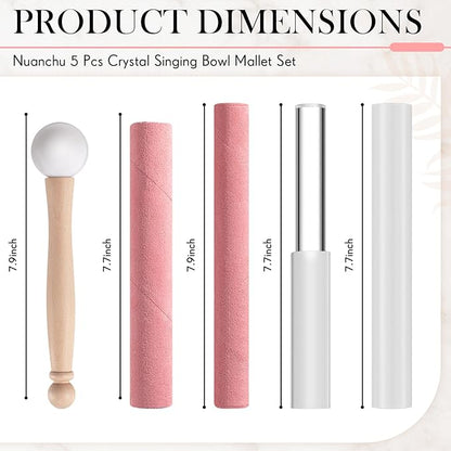 Nuanchu 5 Pcs Crystal Singing Bowl Mallet Set Includes Sheepskin Solid and Hollow Sound Sticks Singing Bowl Rubber Mallet with Wood Handle Clear Acrylic Striker for Playing (Pink)