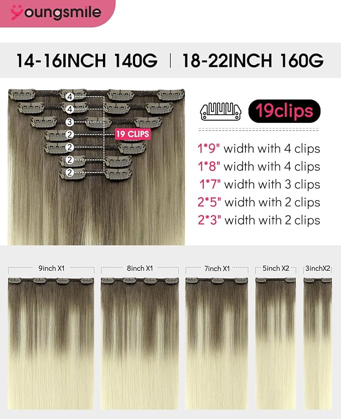 Youngsmile Clip in Hair Extensions Human Hair 20 inch Ash Brown Fading to Platinum Blonde Real Hair Extensions Clip ins 7pcs 160g,Soft Silk Straight,Thick End(7C#8T60-20Inch)