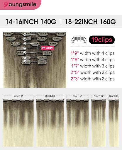 Youngsmile Clip in Hair Extensions Human Hair 20 inch Ash Brown Fading to Platinum Blonde Real Hair Extensions Clip ins 7pcs 160g,Soft Silk Straight,Thick End(7C#8T60-20Inch)