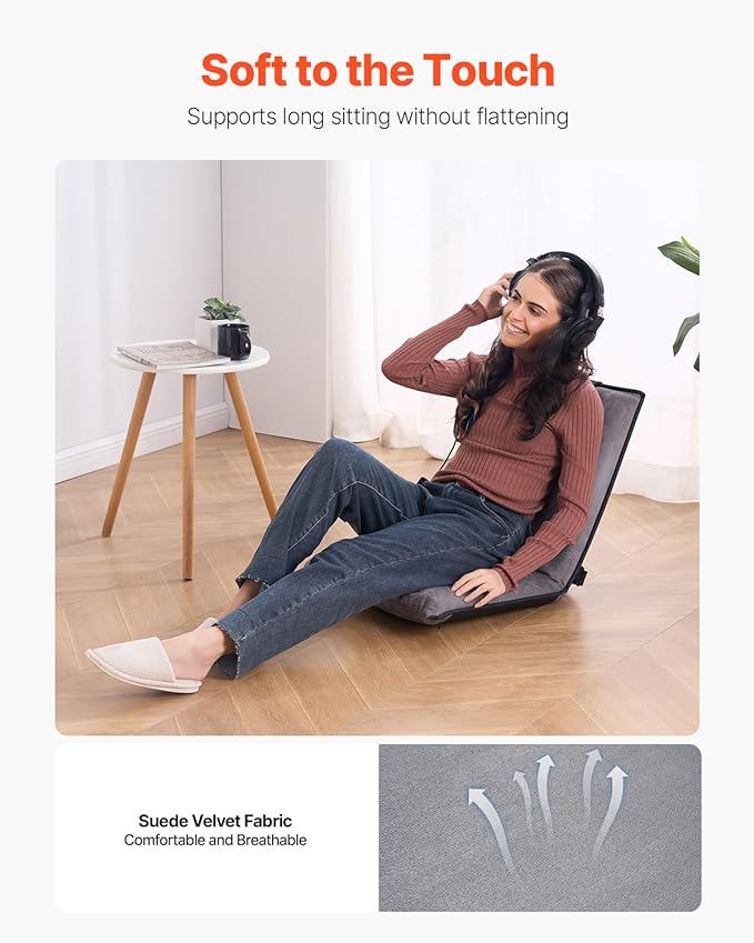 VEVOR Floor Chair, 6-Position Adjustable Meditation Chair with Back Support, Folding Sofa Chair for Reading TV Watching and Gaming, Portable Floor Seat Lounge Sofa Chair for Kids Teens Adults, Gray