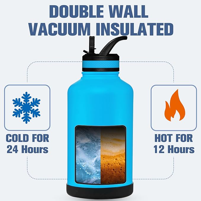 OLDLEY 64 oz Insulated Water Bottle With Straw, Stainless Steel Sports Water Cup Flask with 3 Lids(Straw, Spout and Handle Lid) Double Walled Travel Thermal Canteen Mug,Sky Blue