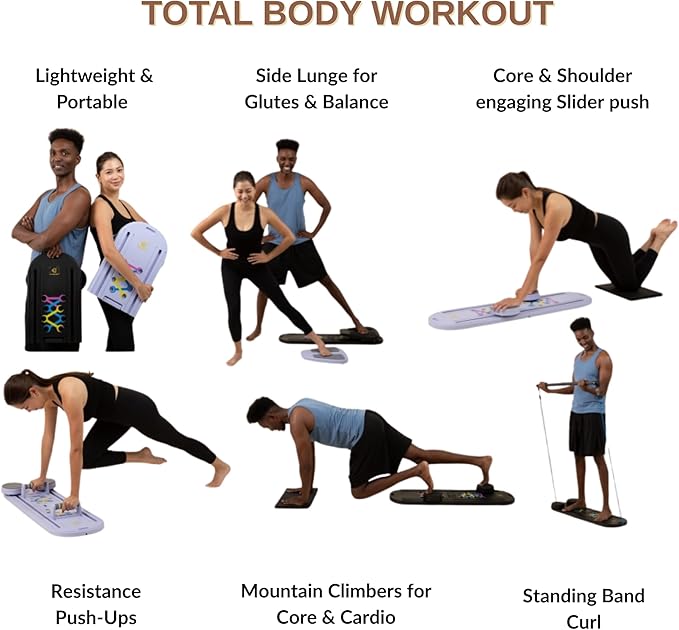 7-in-1 Pilates Reformer Board, Portable Pilates Board Foldable Pilates Reformer Equipment with Timer for Home Workouts with Resistance Bands Core Glider Push-Up Handles Balance Trainer Pilates Machine