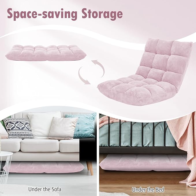 Moccha 14-Position Floor Sofa, Folding Sofa Chair with Back Support, Memory Foam Floor Gaming Chairs for Adults, Adjustable Padded Couch Recliner, Chaise Lounge for Reading, Meditating (Light Pink)