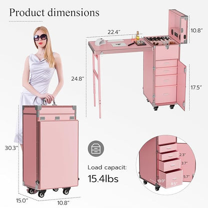 Icoget Portable Rolling Manicure Table for Nail Teach, Foldable Traveling Nail Desk w/Storage, Mobile Nail Table w/Audio and Mirror, Makeup Train Case Cosmetic Trolley, Pink