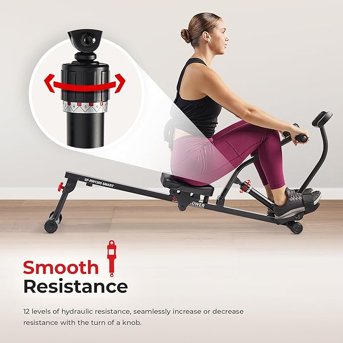 Sunny Health & Fitness Compact Adjustable Rowing Machine with 12 Levels of Resistance for Complete Body Workouts and Optional Free SunnyFit App Enhanced Connectivity