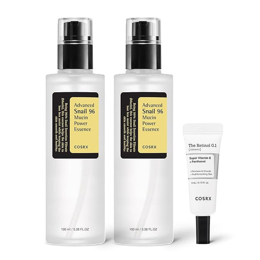 COSRX Snail 96% Mucin Power Essence 2ea & Retinol 0.1% Cream Mini Sample 1ea, Glass Skin Starter Set, Amazon Exclusive, Daily Hydrating & Firming Korean Skin Care Kit, Gift Set