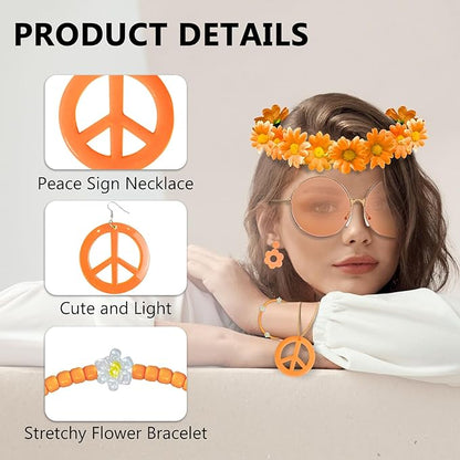 Hippie Costume Accessories Set Peace Sign Necklace Sunglasses Flower Headband Earrings for 60s 70s Outfit Party Women
