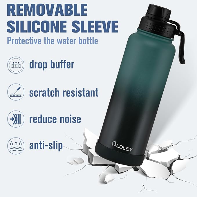OLDLEY 40 oz Insulated Water Bottle With Straw, Stainless Steel Sports Water Cup Flask with 3 Lids(Straw, Spout and Handle Lid) Double Walled Travel Thermal Canteen Mug,Midnight Black