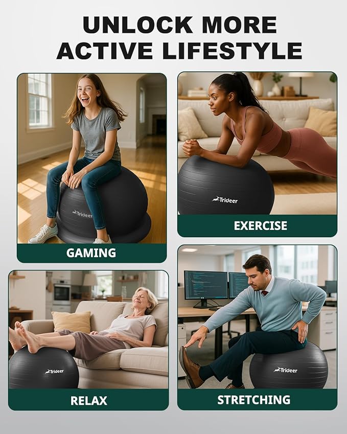 Trideer Exercise Yoga Ball Chair with Base for Home Office Desk, Stability & Fitness Ball Seat to Relieve Back Pain, Home Gym Workout for Abs, Pregnancy Ball with Pump
