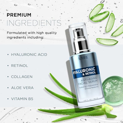 Azure Cosmetics Hyaluronic Acid Serum For Face - Ultra Hydrating, Dermatologist Tested, Anti-Aging Moisturizer for Dark Spots, Fine Lines & Wrinkles - Vegan, Clean Beauty, Korean Skin Care - 2 Pack