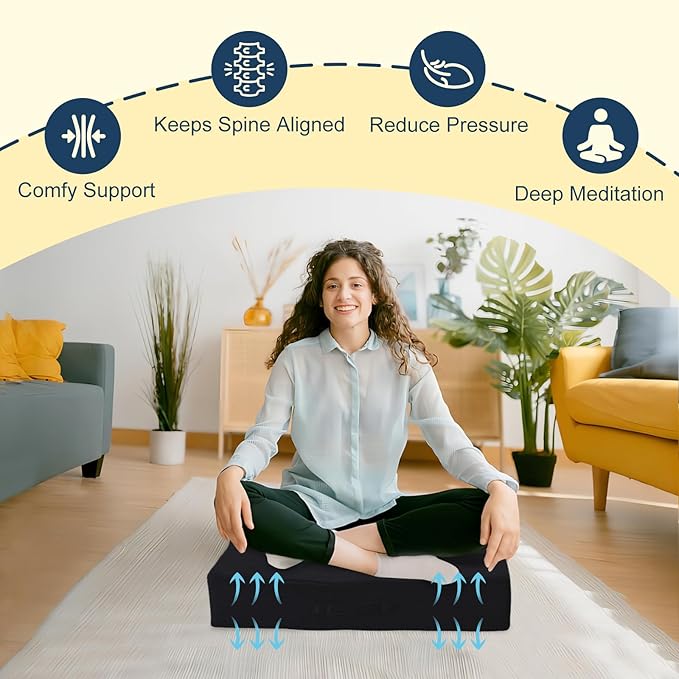 Solid Square Floor Pillows for Adults Kids - Large Meditation Floor Pillow Seating Cushion with Thick Foam & Washable Velvet Cover, 1 Pack, 22x22x5 Inch, Black
