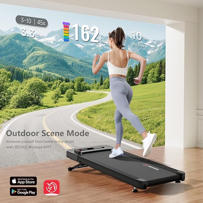 Yesoul Walking Pad Treadmill with 10% Auto Incline, Under Desk Treadmill for Home Walking, Hiking & Running, 300lbs Capacity, Smart App Scenic Routes & Live Classes, Remote & LED Display