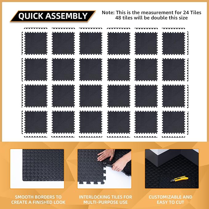 48 Pack - 1/2" Extra Thick Floor Exercise Mat for Home Gym Floor Padding for Kids - High-Density EVA Interlocking Foam Floor Tiles for Gym Equipment, Play Area, Yoga, Cardio, Weights, MMA