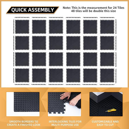 24 Pack - 1/2" Extra Thick Floor Exercise Mat for Home Gym Floor Padding for Kids - High-Density EVA Interlocking Foam Floor Tiles for Gym Equipment, Play Area, Yoga, Cardio, Weights, MMA