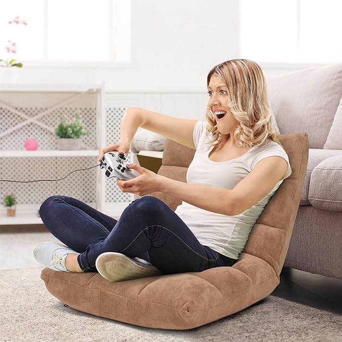 RELAX4LIFE Floor Chair with Back Support - 14-Position Adjustable Lazy Sofa Chair, Padded Sleeper Bed & Couch Recliner for Reading Meditation, Folding Floor Gaming Chair for Adults (Tan)