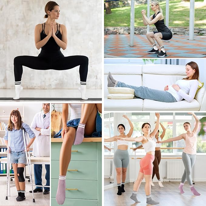 Jeyiour 4 Pairs Womens Pilates Socks with Grip Long Non Slip Yoga Crew Socks for Barre Hospital Home Workout