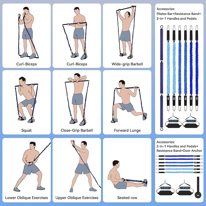 Hommie Portable Pilates Bar Kit with Resistance Bands for Men and Women，Upgraded 3 Section Pilates Bar with Resistance Bands (20-60lb) for Home Gym Equipment Supports Full-Body