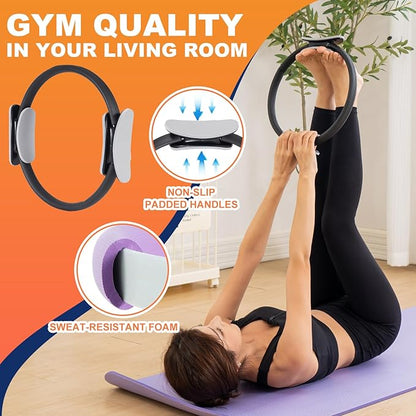 Pilates Ring Circle and Pilates Ball Set, 12 Inch&14Inch Magic Circle Pilates Ring,9 Inch Small Exercise Ball,Resistance Bands Set, Home Pilates Equipment for Women