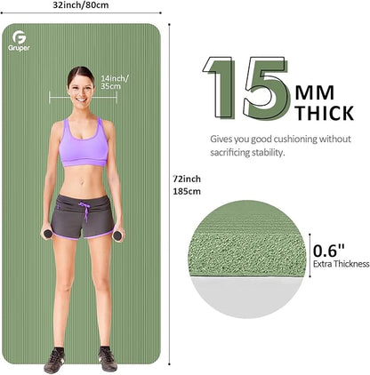 Yoga Mat Non Slip NBR Thick Yoga Mat, 72"L x 32"/24"W x 0.6"/0.4"TH (185cm x 80cm/61cm x 15mm/10mm), Anti-Tear Exercise Mat with Carrying Strap and Bag, Workout Mats for Yoga, Pilates, Floor Exercises