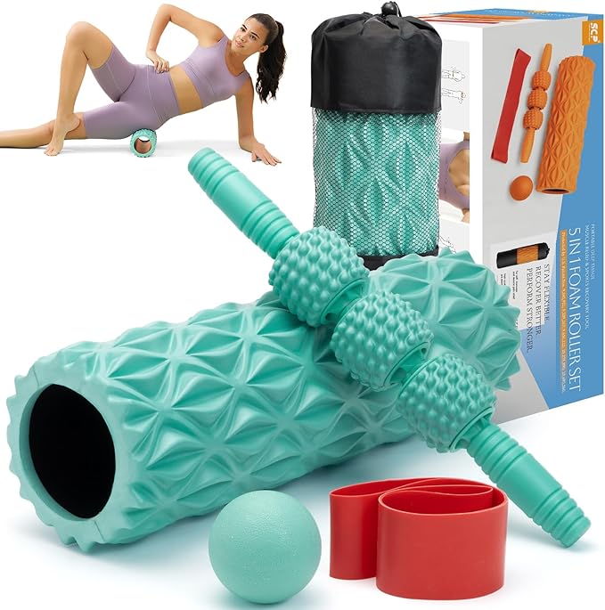 5 in1 Foam Roller Set, Trigger Point Foam Roller, Massage Roller Stick, Massage Ball, Resistance Band for Deep Muscle Massage Pilates Yoga,Fitness Exercise for Whole Body (Pure Turquoise)
