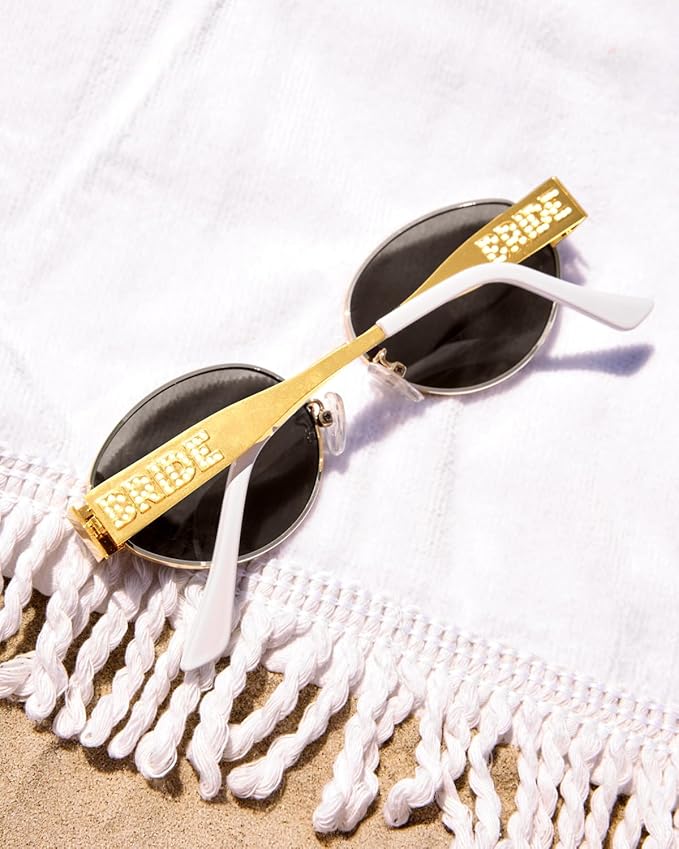 xo, Fetti Gold Metal Bride Sunglasses | Bachelorette Party Pearl Sunnies, Engagement Decorations, Bridal Shower Accessory, Bach Supplies, Bridesmaid Favors, Bride To Be Gift