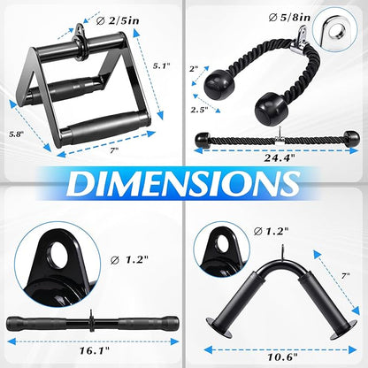 10-in-1 Cable Machine Attachments Set for Gym - Includes Tricep Rope, V-Bar, Straight Bar, D-Handle, Ankle/Wrist Straps, Storage Bag - Compatible with LAT Pulldown & Home Gym Cable Machines