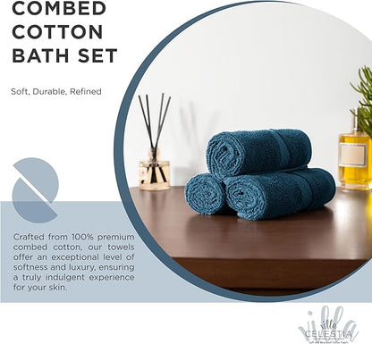 100% Cotton Bath Towel Set of 18-4 Bath Towels, 6 Hand Towels, 8 Wash Cloths, Sustainable, Soft, Highly Absorbent, Combed Cotton 18 Piece Set for Hotels, Spa, Bathroom, Dorm, Blue