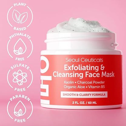 SeoulCeuticals Korean Face Scrub - Exfoliating Face Mask Skincare K Beauty Mask for Glass Skin - Kaolin Clay + Charcoal Cream Exfoliant Mask 2oz