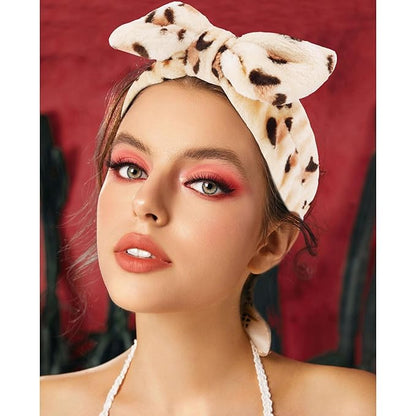 VELSCRUN Spa Headbands for Wash Face, Makeup Headband, Facial Skincare Headbands, 5 Pcs Brown Leopard Puffy Sponge Spa Headband Bow Tie Hair Band Hair Clips Wristband Set Women Girls Accessories