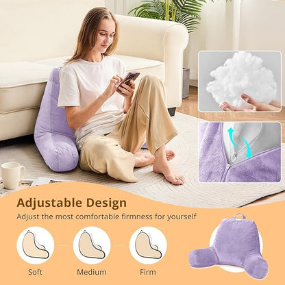 Sasttie Reading Pillow, Velvet Back Pillow for Bed Sitting Up, Adult Back-Rest Support Cushion with Arms for Sit Up on Couch, Sofa, and Floor, Dorm Essentials, Reading Accessories, Lavender