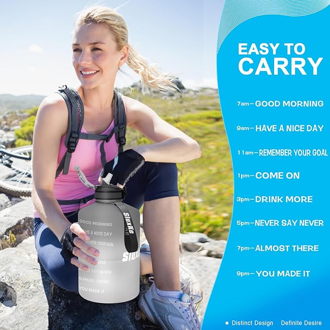 1 Gallon Motivational Sports Water Bottle with Time Marker, BPA Free 128oz Leak Proof Jug, Black, Plastic, 128 ounces, Fitness, Sports, Outdoor Activities