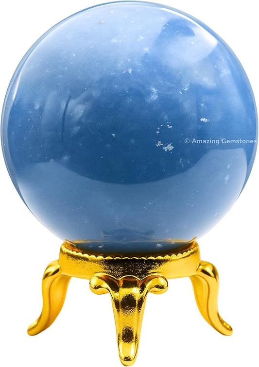 Amazing Gemstone Angelite Crystal Ball with Stand - 2" Inches Crystal Sphere Meditation Balls for Witchcraft and Decorative Balls