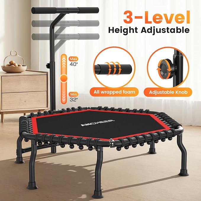 ANCHEER 50" Rebounder Trampoline for Adults- 2025 Foldable Mini Trampoline with Bar- Exercise Trampoline for Adults, Max Load 560lbs, for Indoor/Garden Workout