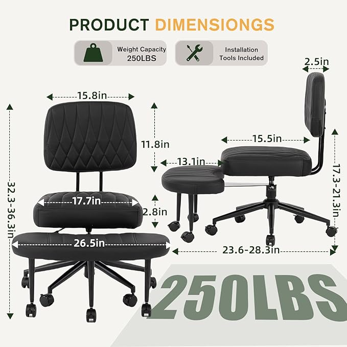 Ergonomic Cross Legged Office Chair with Wheels, Wide Seat and Backrest for Meditation, ADHD Cross Legged Office Chair with Adjustable Height, 360°Rotating Footrest for Yoga Home Office