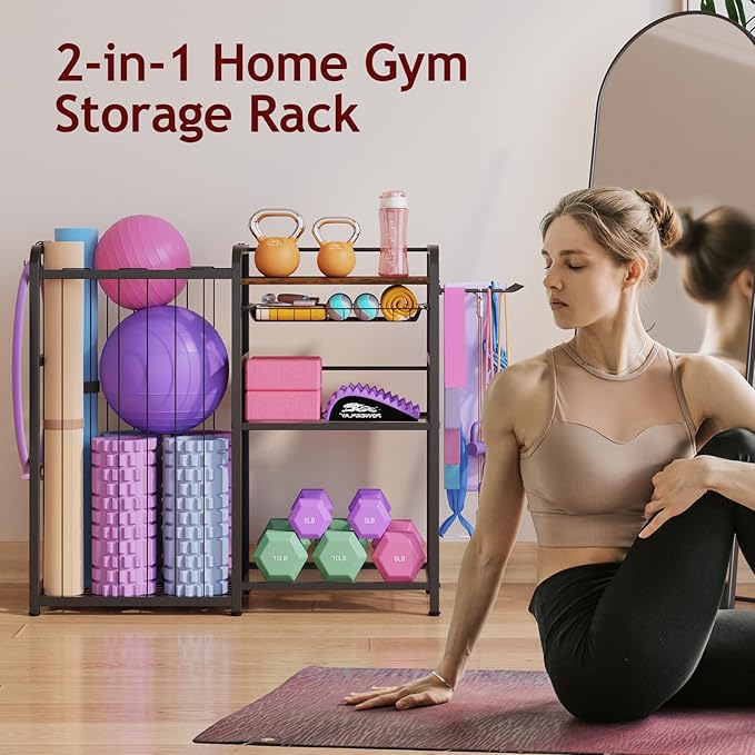 Weight Rack for Home Gym - Exercise Equipment Storage Organizer for Yoga Mat Dumbbells Kettlebells Foam Roller Yoga Strap & Resistance Bands, Ideal Yoga Mat Holder & Workout Equipment Organizer
