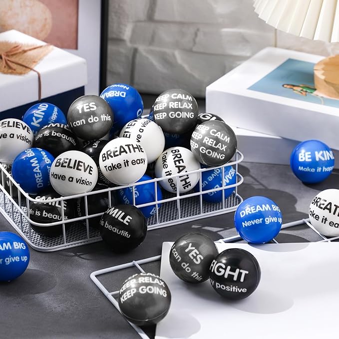 Liliful 48 Pieces Motivational Stress Balls Bulk for Adults Fidget Toys End of The Year Gifts Inspirational Squeeze Balls Employee Appreciation Gift Adult Goodie Bag 2. 2 Inch(Classic Colors)