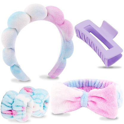 VELSCRUN Spa Headbands for Wash Face, Makeup Headband, Facial Skincare Headbands, 5 Pcs Colourful Puffy Sponge Spa Headband Bow Tie Hair Band Hair Clips Wristband Set Women Girls Accessories